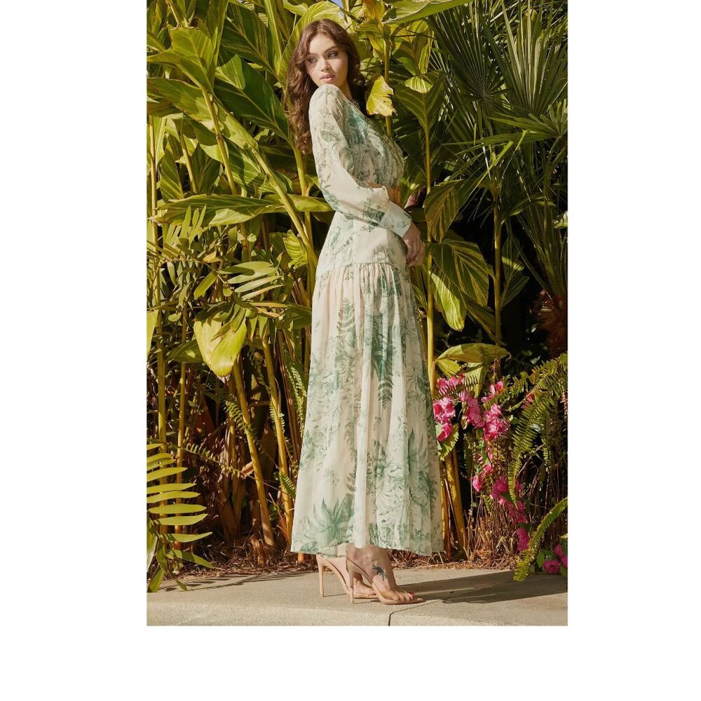 New L'Atiste Palm Leaves Ivory Green Floral Long Sleeve Long Dress P4089